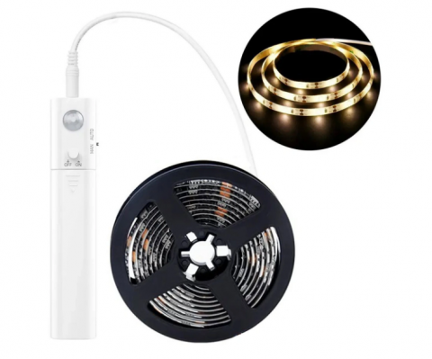 LED juosta 5V 2.4W/m nehermetiška IP20 šaltai balta 1m su judesio jutikliu